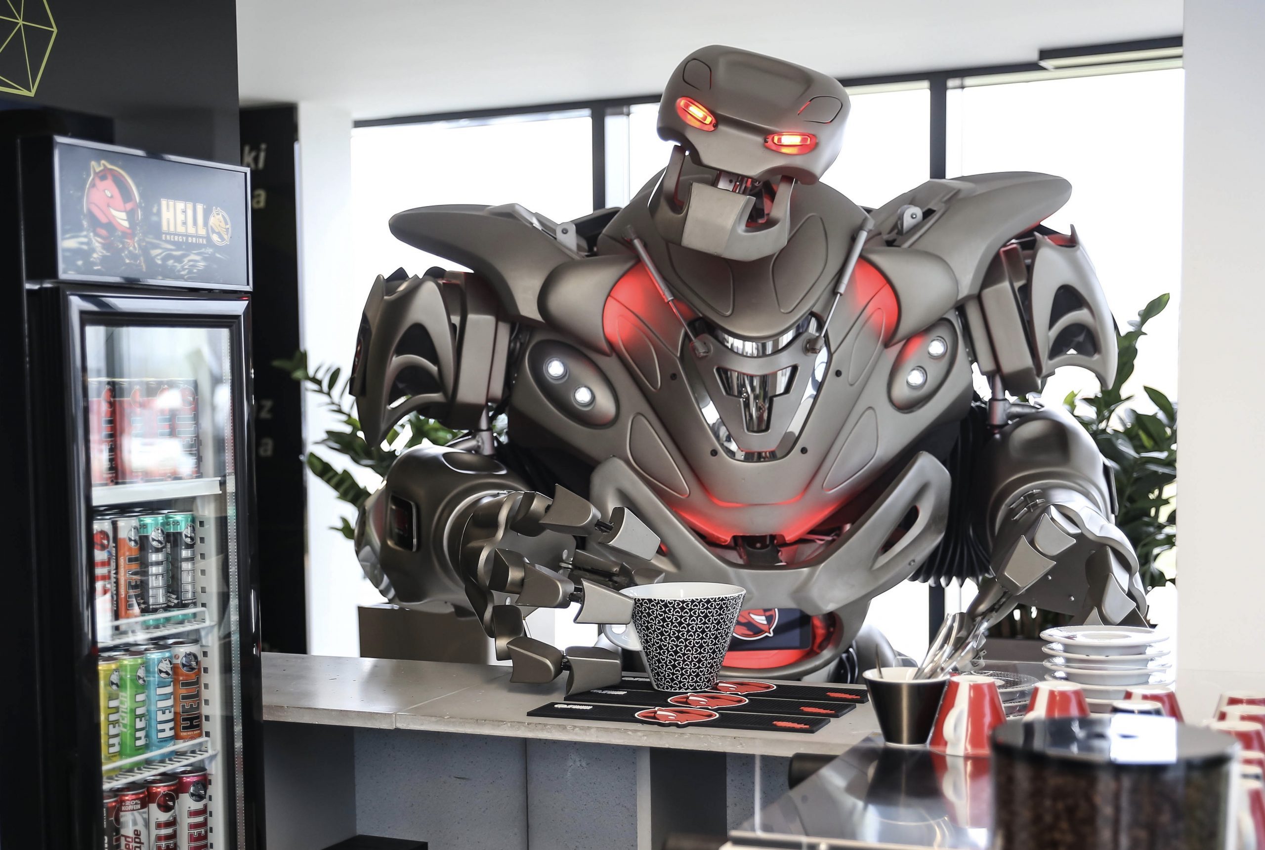 Titan the Robot stops for a cup off coffee in a service station in Hungary