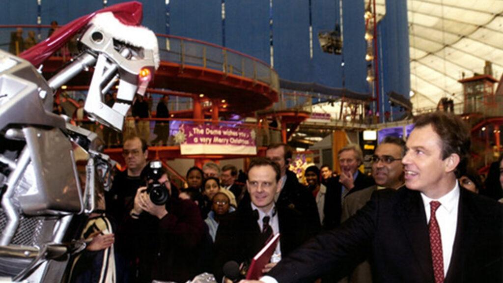 Tony Blair in a face off with an 8ft tall robot
