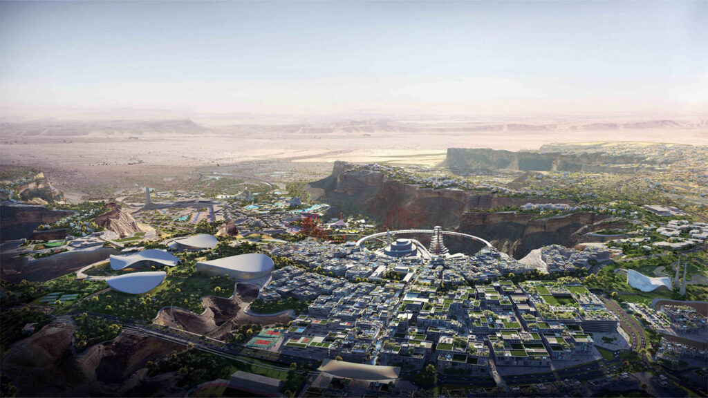 A wide angled, computer generated mock-up of Qiddiya City in Saudi Arabia. With futuristic buildings and a desert backdrop.