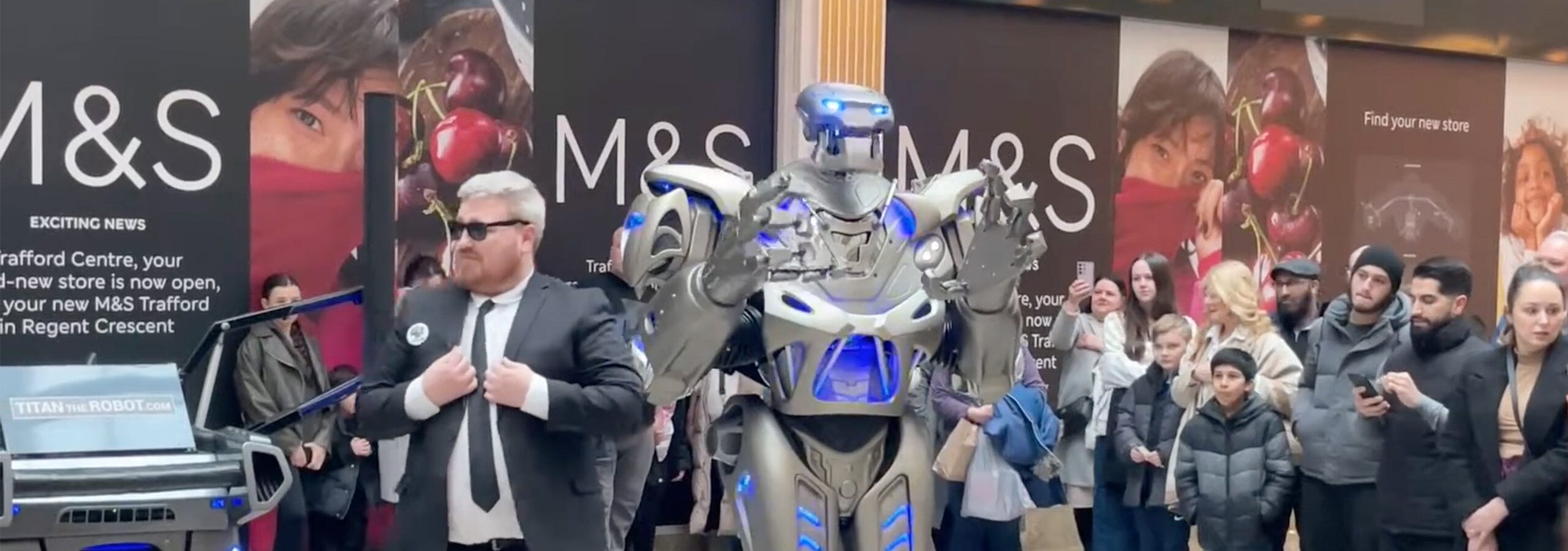 Titan the Robot and his on-stage partner 'Dave', entertaining crowds in the Trafford Centre, Shopping Centre