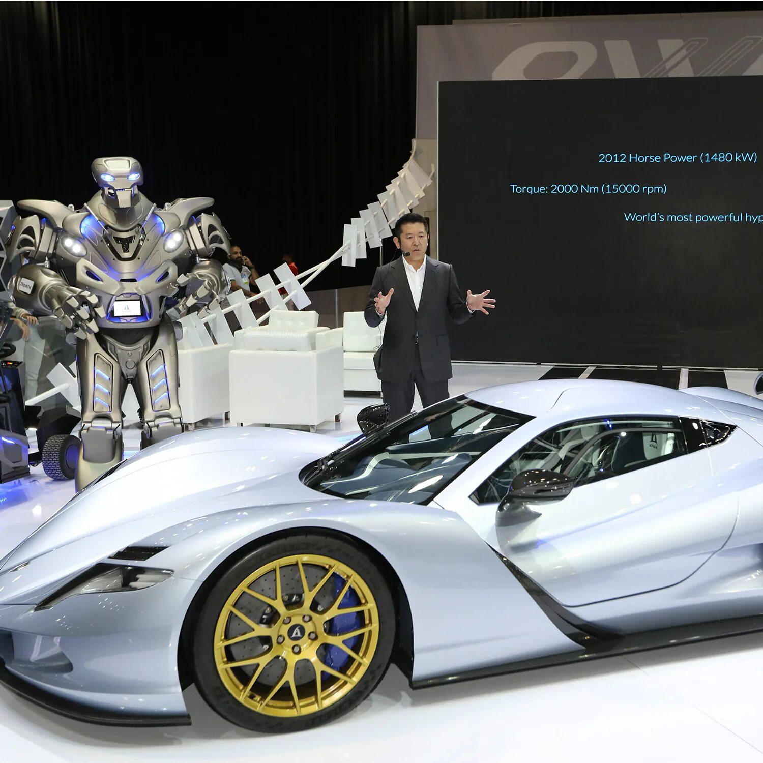 The worlds fastest electric hyper car, parked on a stand, with a business man giving a talk. Titan stands next to the car.