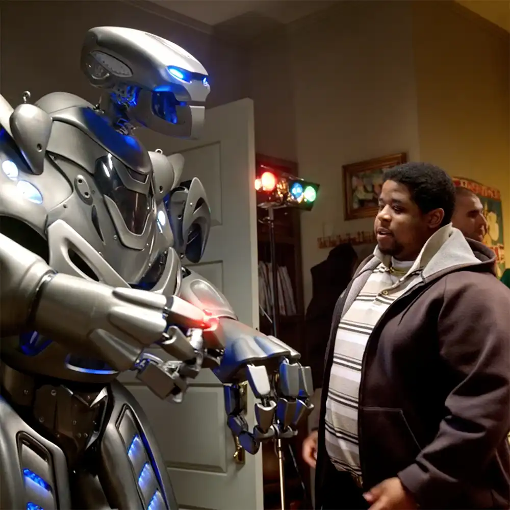 Titan the Robot stands in the entrance to a house party, talking to a man who is taking the keys from the attendees
