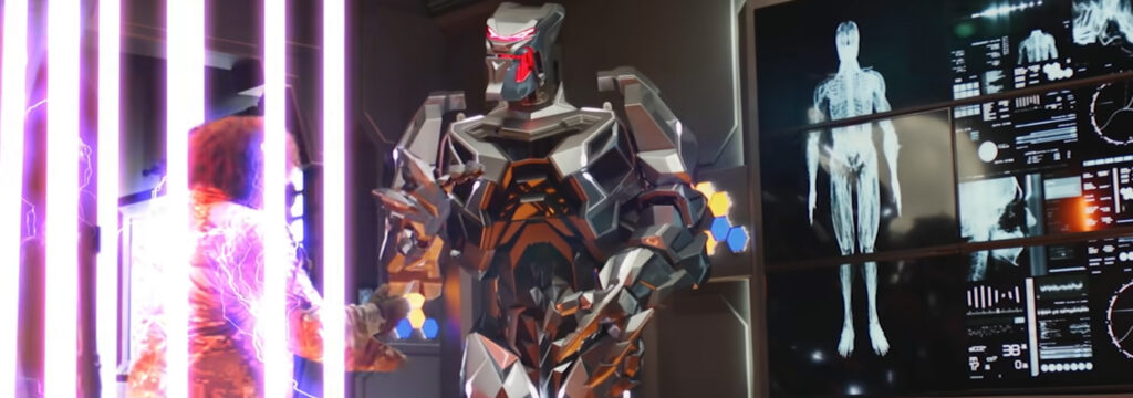 Brutus the robot stands on a space ship film set while filming for the youtube creator Tomska